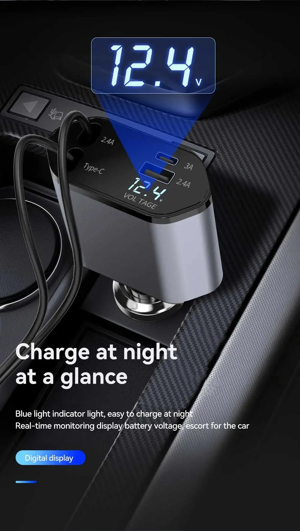 4-in-1 Einziehbares Auto-Ladegerät 120W USB-C Auto-Ladeadapter mit 2 USB-Anschlüssen für iPhone 16 15 Samsung – Detail 10