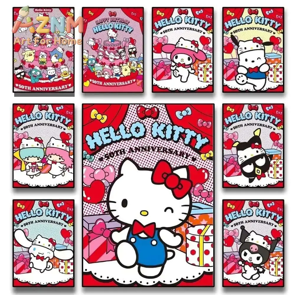 AZNM Hello Kitty 50th Anniversary Canvas Wall Art Cute Sanrio Characters Canvas Print Kids Room Home Decor Poster