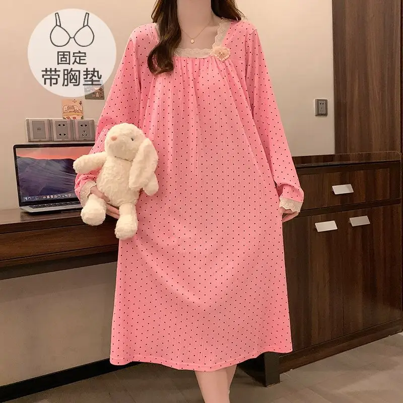 

M-5XL Plus Size Korean Nightdress with Built-in Padded Bra Autumn Long Sleeve Loose Sleepwear Lace Trim Night & Lounge Outwear