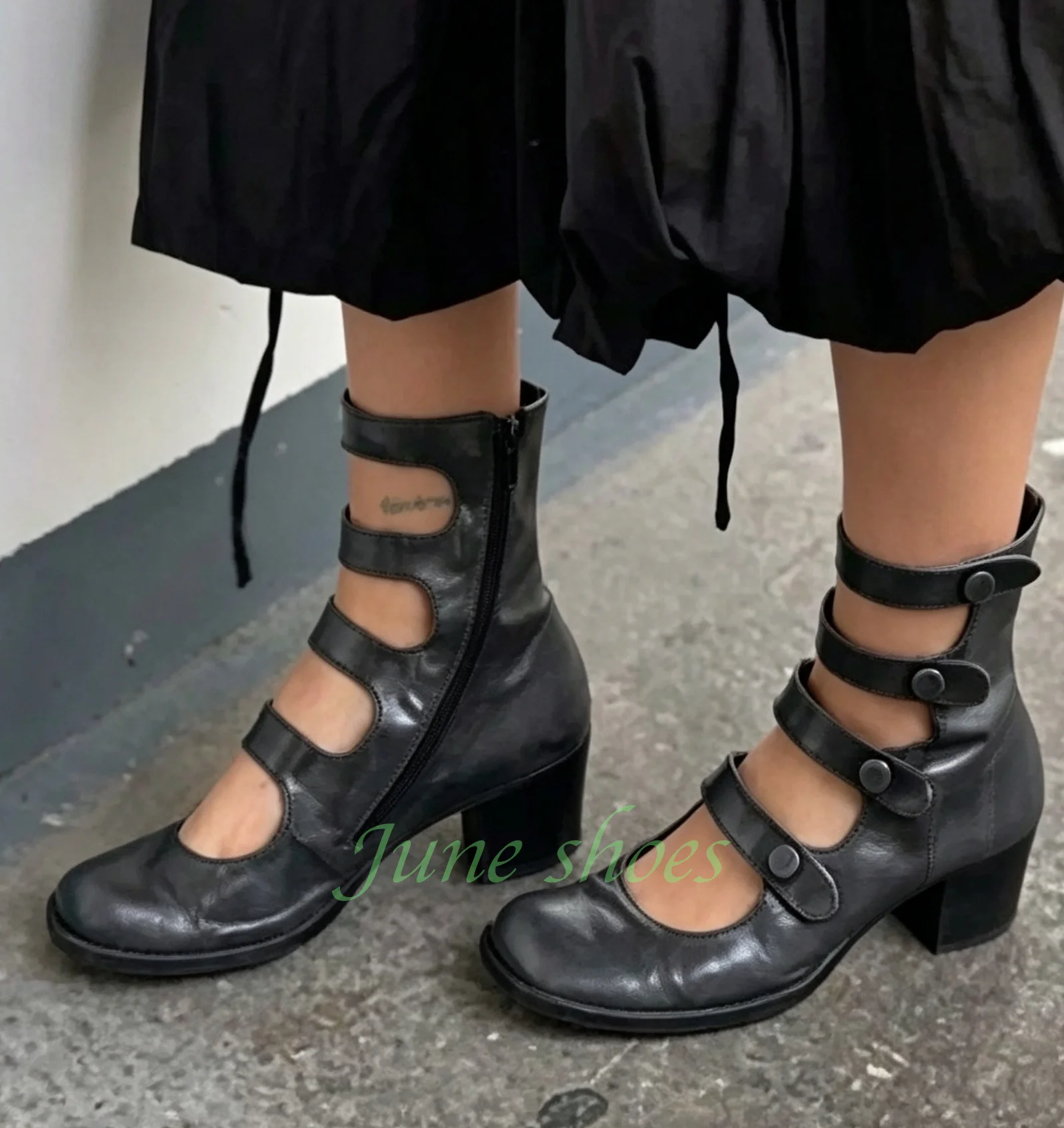 Black Multi-Strap Cutout Ankle Boots Women Round Toe Chunky Heel Side Zipper Hollow Out Vintage Gothic Short Booties Runway Shoe