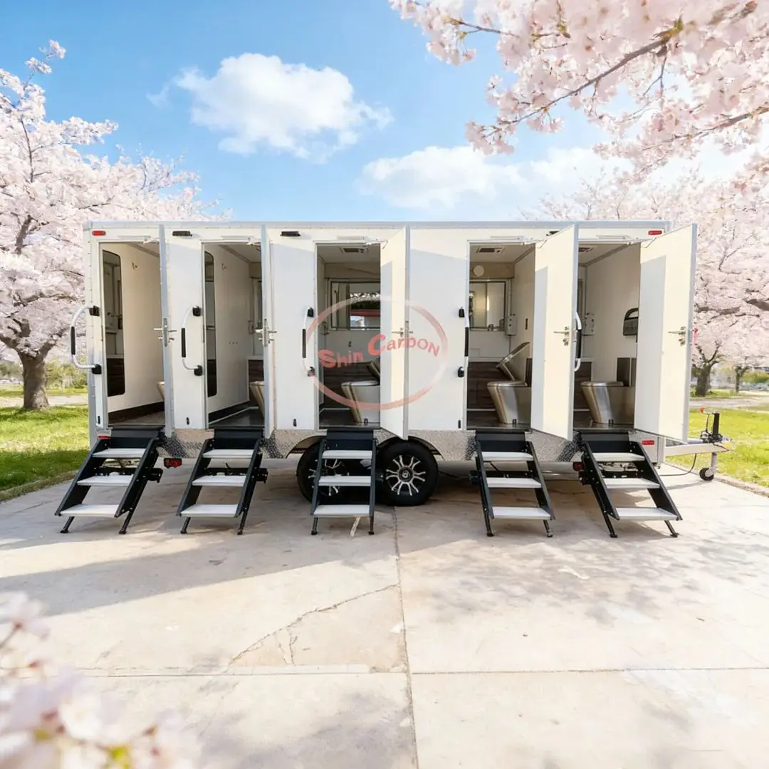 Fiberglass Mobile Toilet Trailer 5-Stall Portable Restroom for Outdoor Events Such as Concerts Weddings Festivals And More