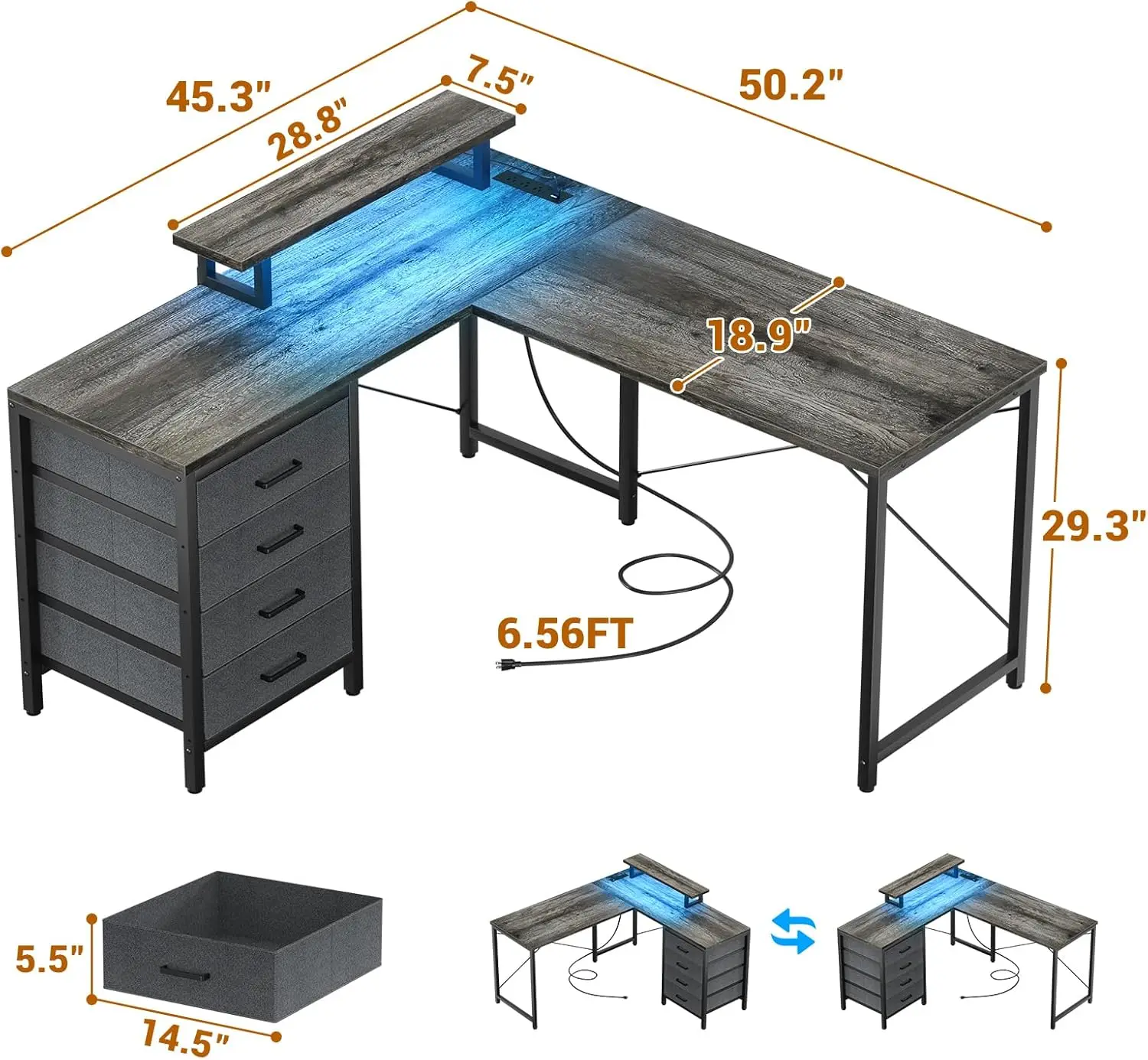 L Shaped Desk with Drawers & Power Outlets, Reversible Computer Desk with LED Light and Monitor Stand, Black Oak