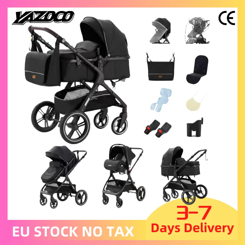 3-in-1 Canne kinderwagen, universele adapters, opvouwbare kinderwagen tot 25 kg, 4-wielige schokdemping, ruime reiswieg & grote wielen - afbeelding 2