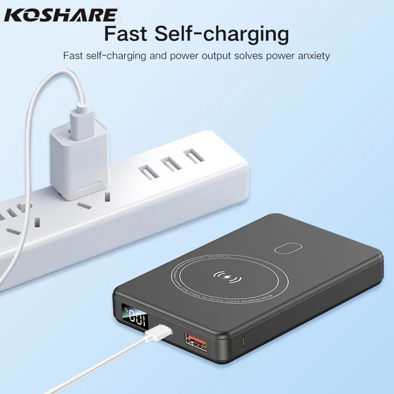 KOSHAREOutdoor Mini Magnetic Wireless Power Bank Lithium-Ion Charger with LED Charge Indicator Portable Cell Phone Charging Bank