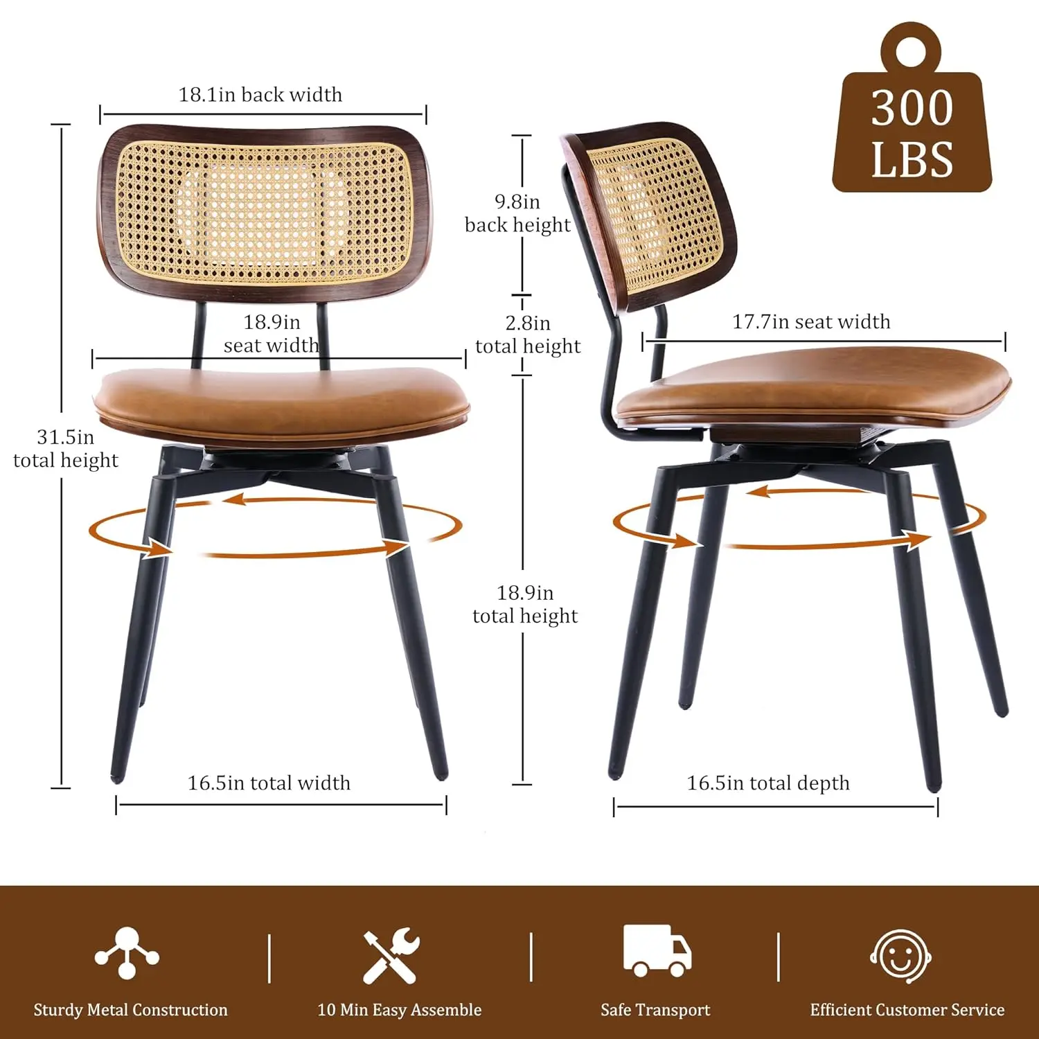 #Swivel Dining Chairs with Rattan Back, Modern Brown Leather Dining Chairs Set of 2, Swivel Dining Room Chairs Kitchen, Custom
