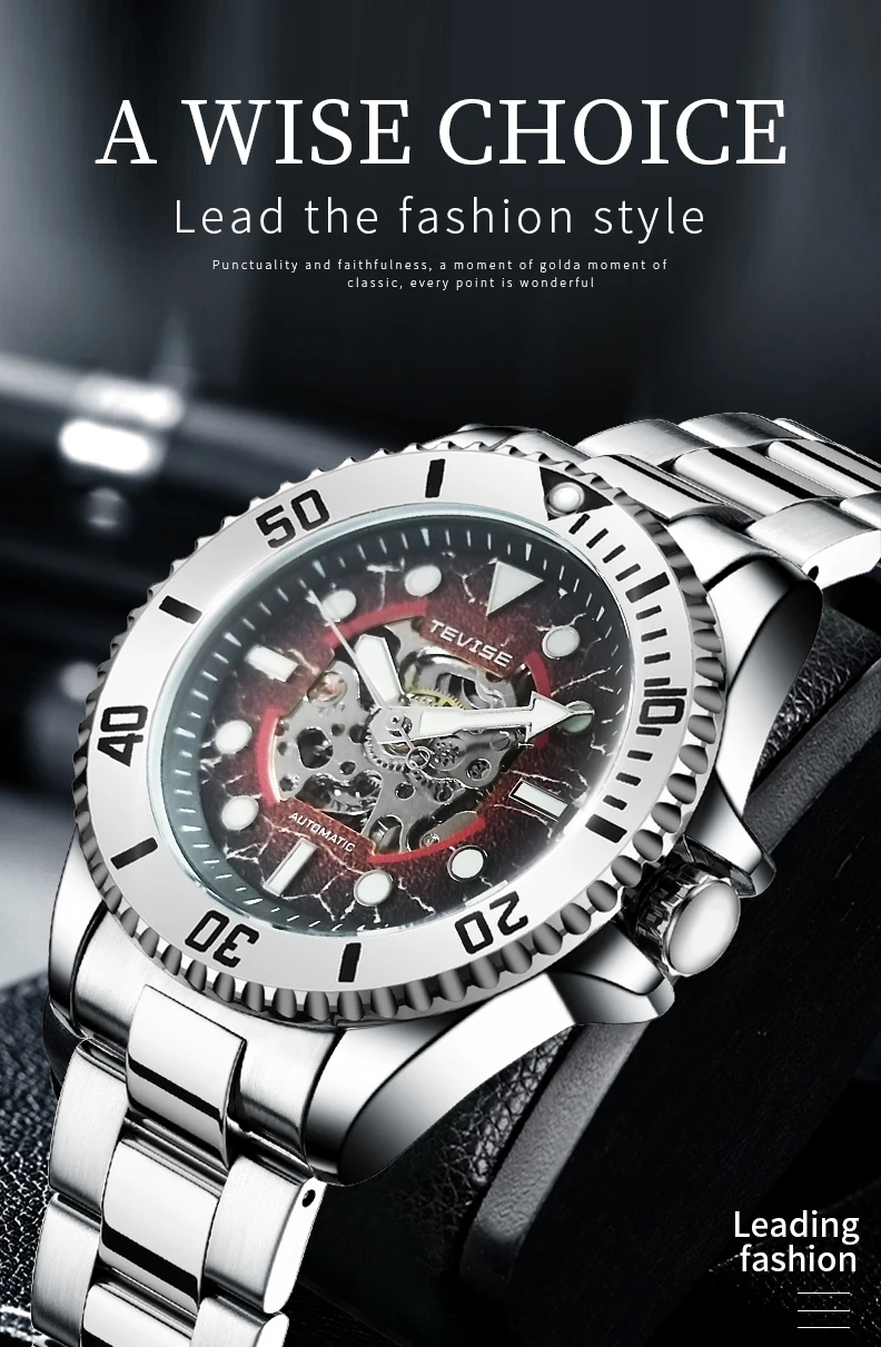 Reloj mecánico automático TEVISE para hombre, reloj esqueleto resistente al agua de acero inoxidable, reloj de pulsera luminoso, reloj de negocios a la moda