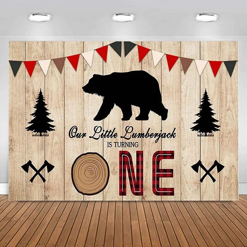 

Birthday Party Backdrop Our Little Lumberjack is Turning One Photography Background Banner Decoration Black Buffalo Plaid Wood