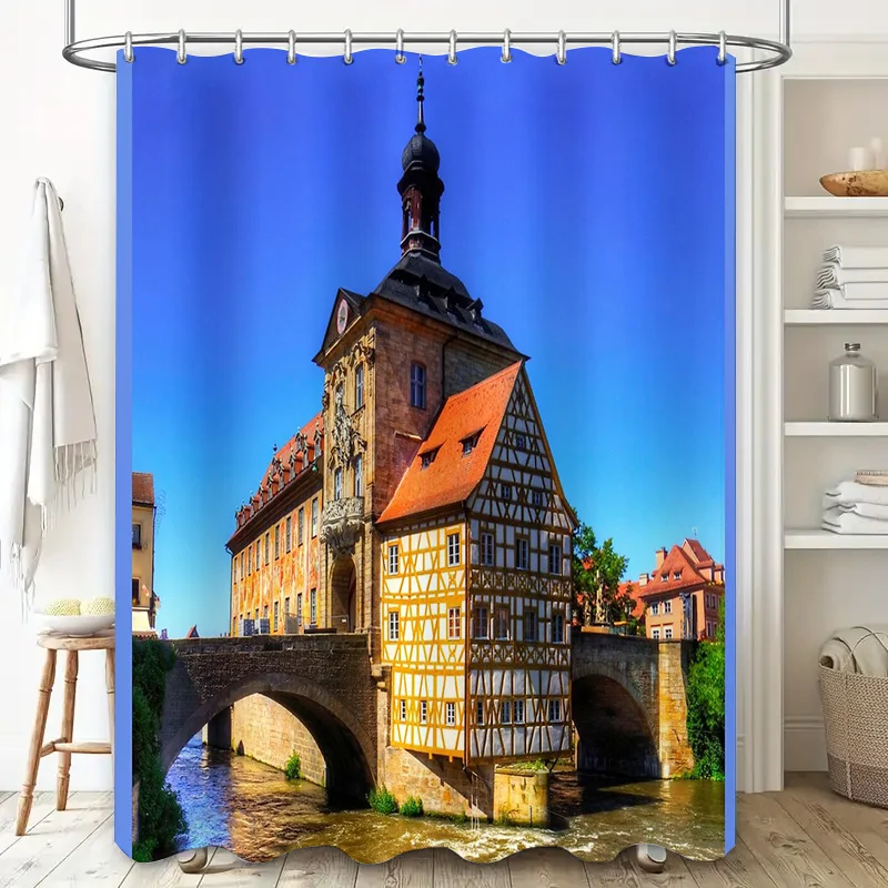 Vintage German Townscape Shower Curtain Medieval Cityscape Backdrop Waterproof Fabric Bathroom Decor Artistic Wall Hanging