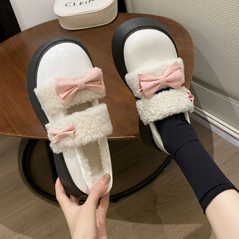 Japanese Sweet Bow Thick Sole Daily Leather Shoes For Women 2024 New Velvet Comfort And Warmth Jk Lolita Cotton Shoes