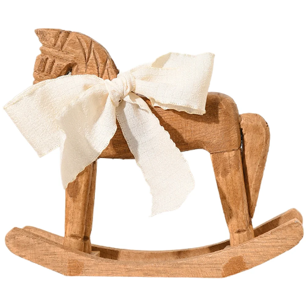 Modern Simple Style Wooden Rocking Horse Craft With Fabric Ribbon Desktop Ornament For Living Room Tabletop Household Decoration