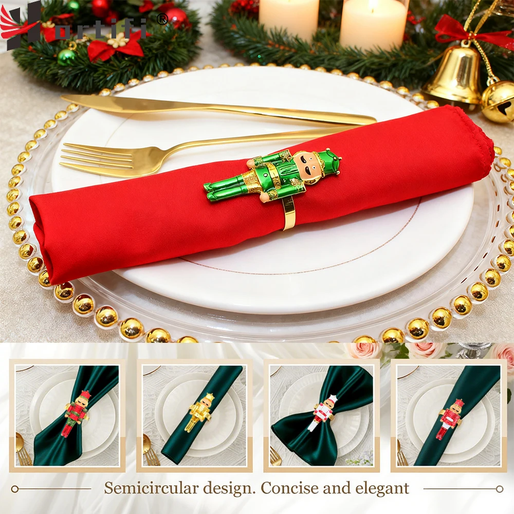 

6Pcs Christmas Nutcracker Napkin Rings Enamel Walnut Soldier Napkin Holder Metal Table Ring for Xmas Wedding Party Table Decor
