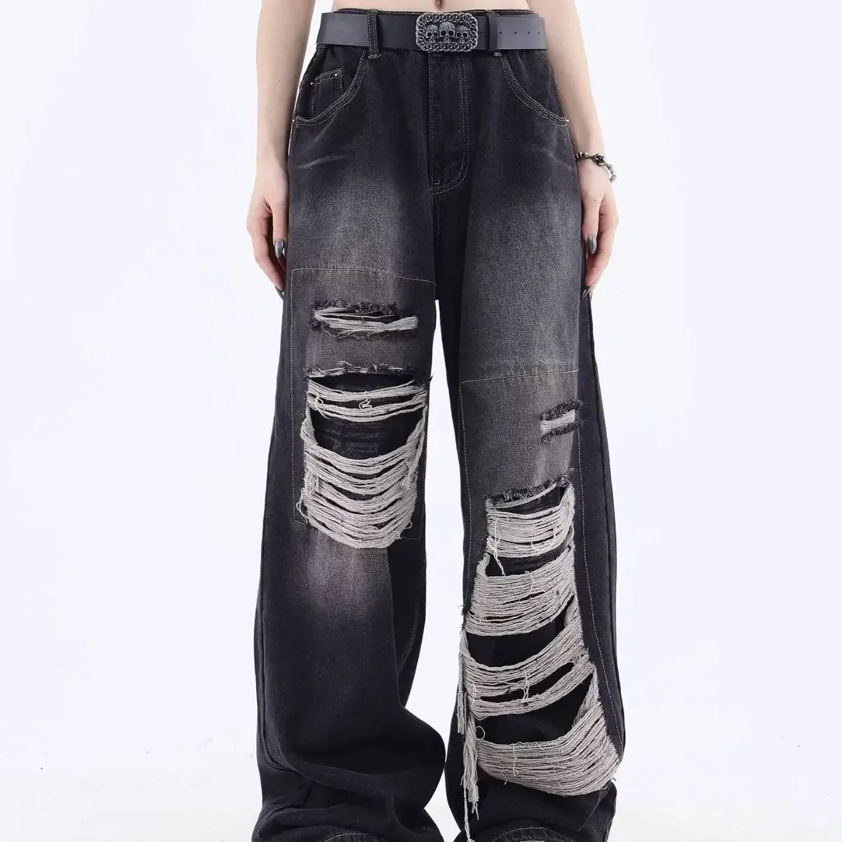 

Women's Gothic Black Jeans High Waist Vintage Korean Fashion Y2k Streetwear Ripped Pants Harajuku Casual Wide Leg Denim Trousers