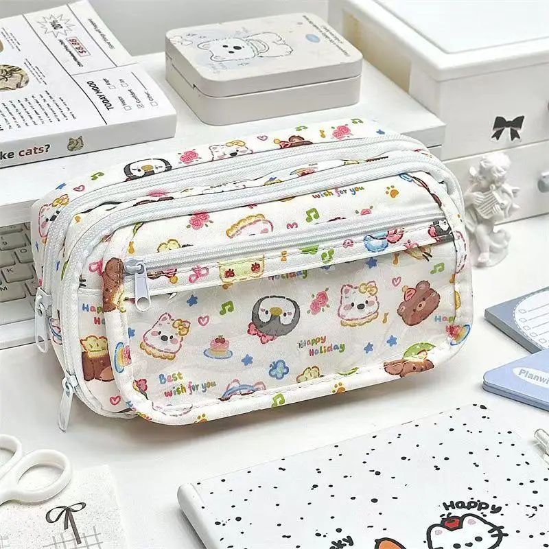Cute Floral Dog Printed Pencil Bag Large Capacity Multi-layer Stationery Storage Bag Student Supplies Gift
