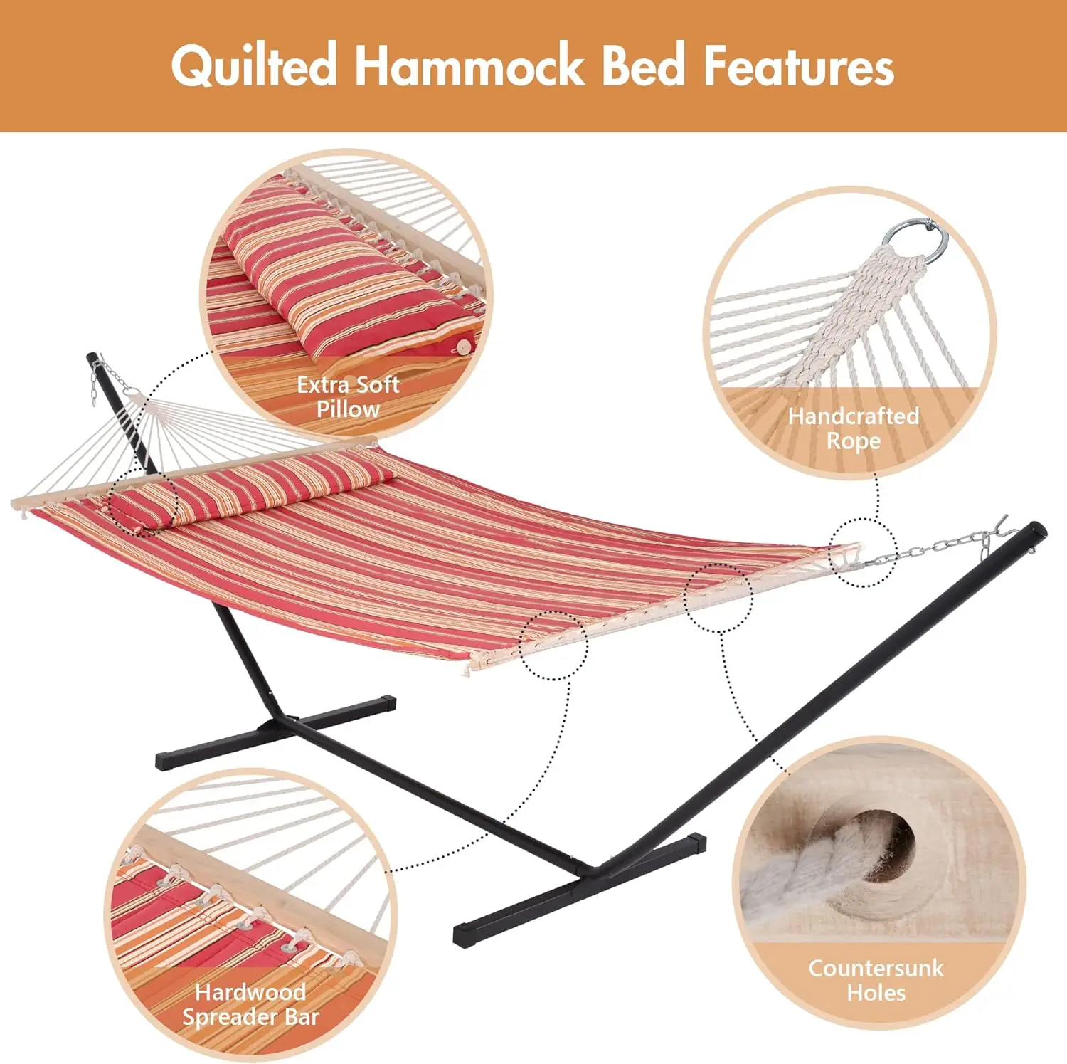 Outdoor Hammock with Stand 12FT, Heavy Duty Hammocks with Stand Included, 450 LBS Weight Capacity, Red Stripes