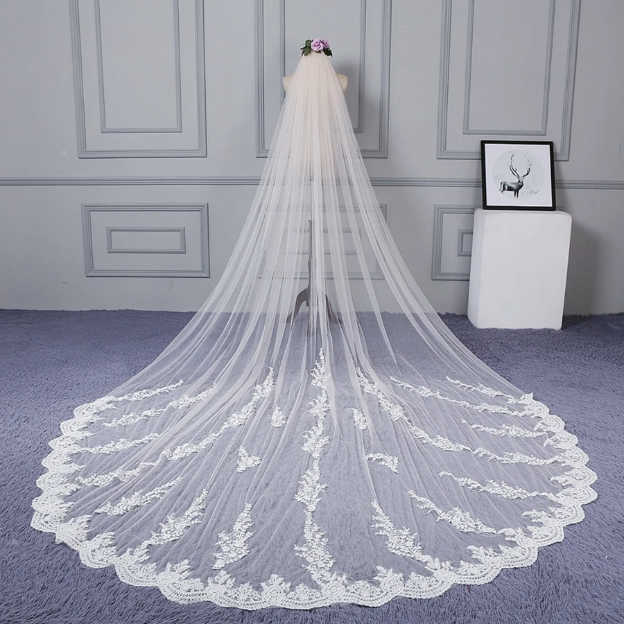 

New Arrival White Ivory Cathedral Wedding veils Lace Applique Bride veils for women wedding accessories Velos de novia boda