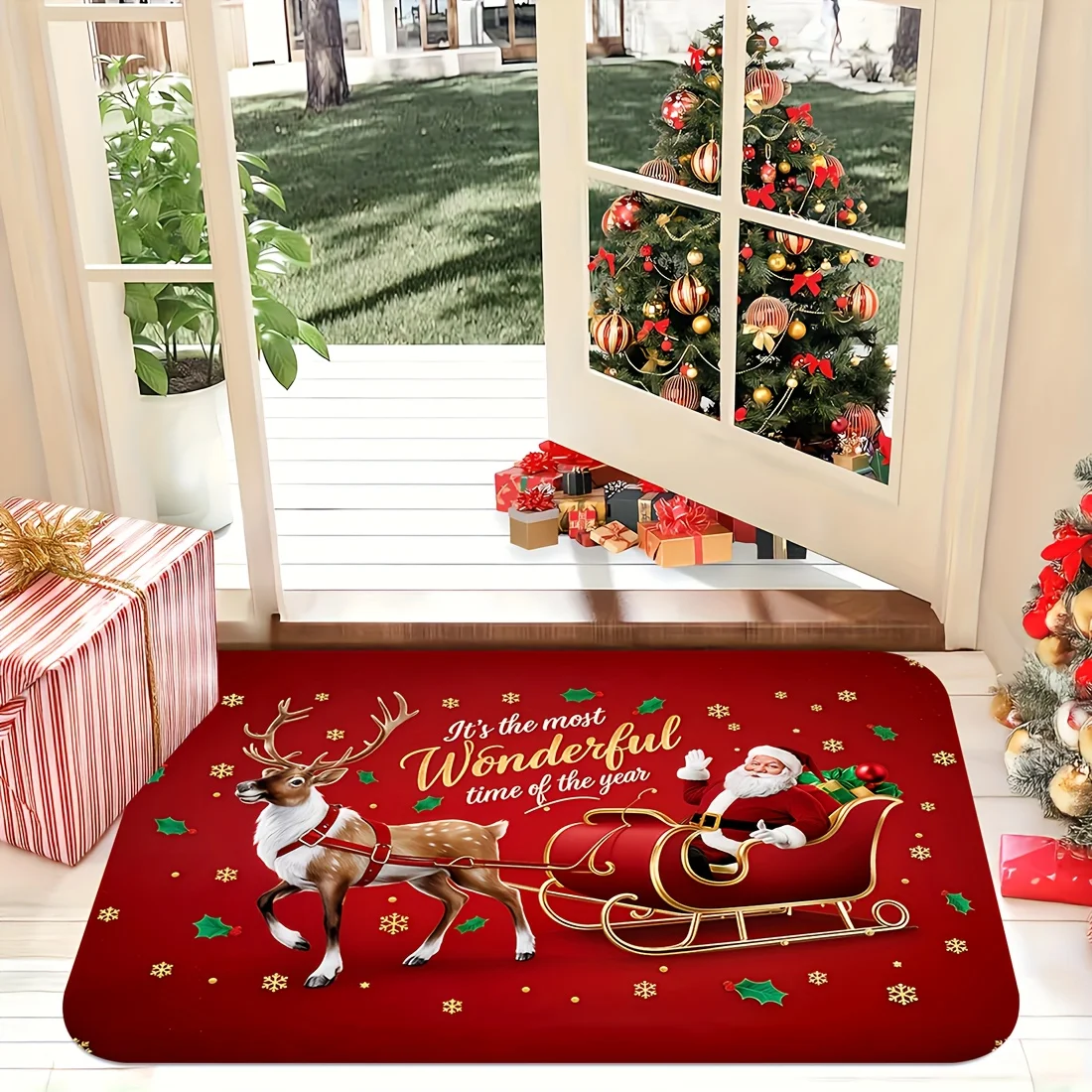 A Doormat Featuring a Santa Claus and Reindeer Sleigh Design, Printed with the Words 