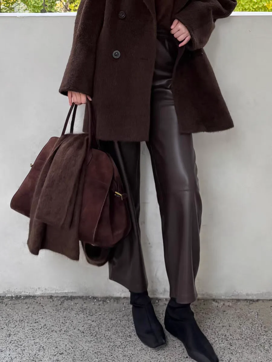 

Женские кожаные брюки свободного кроя с высокой талией и широкими штанинами, кофейного цвета, укороченные, осенне-зимние, новые модные брюки