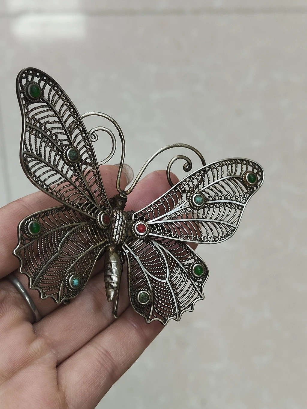 Pure copper silver plated butterfly handmade gemstone inlaid home light luxury landscape decoration ornament