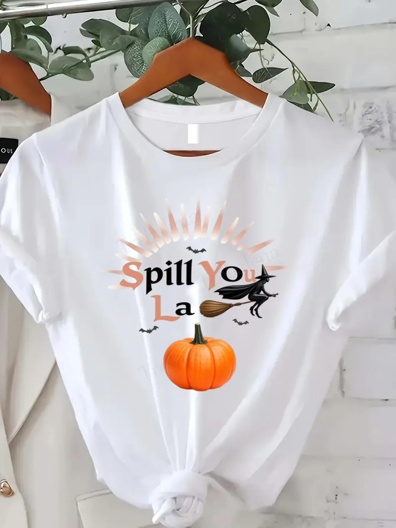 

Футболка с круглым вырезом Spill Your La Pumpkin Witch Футболка Хэллоуин Забавная женская футболка больших размеров с короткими рукавами Модный повседневный топ
