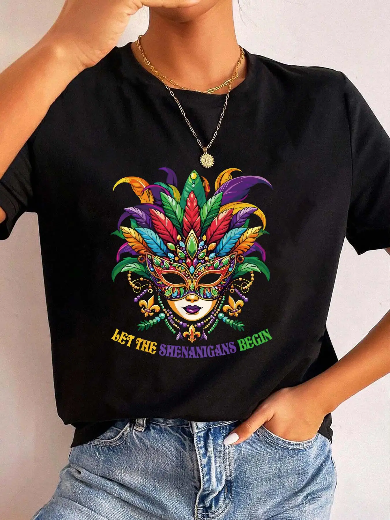 Mardi Gras Jester Mask Beads Women Graphic Tee Let The Shenanigans Begin Summer Short Sleeve Soft Comfy Casual Top