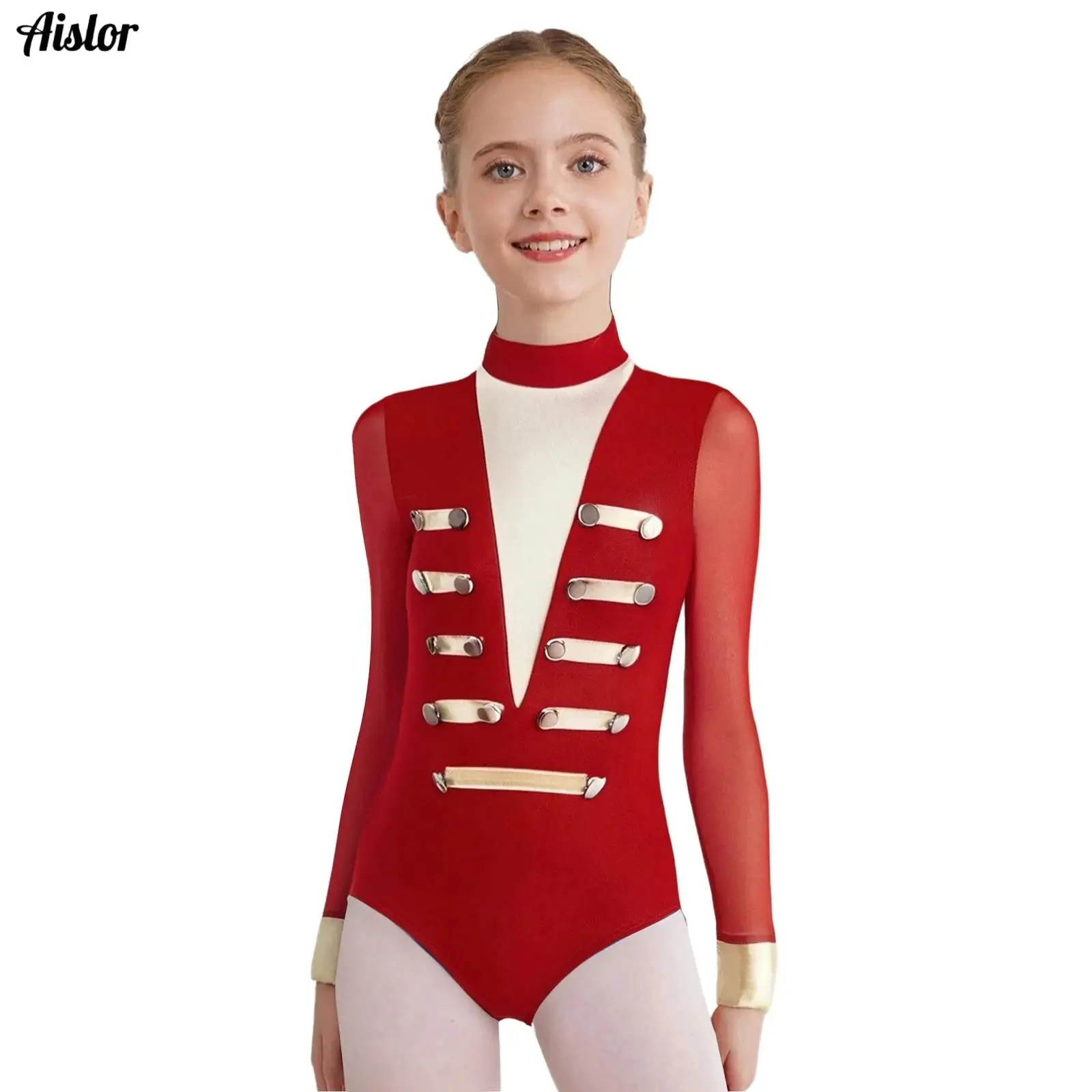 

Kids Girls Gymnastics Figure Skating Leotard Metallic Stripes Sheer Mesh Long Sleeves Buttons Bodysuit Dance Performance Costume