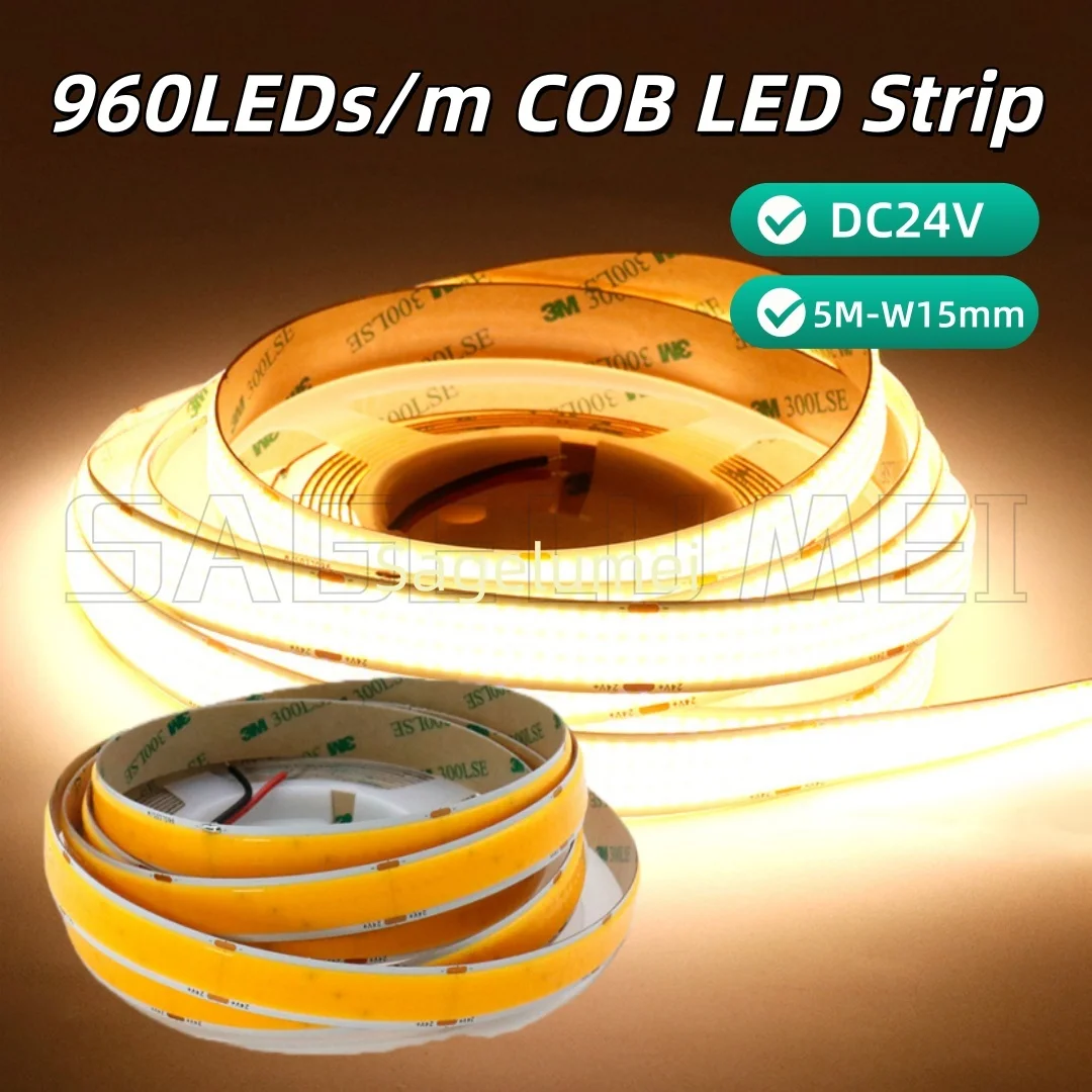 Super brilhante dc24v 5m 960leds/m cob led luz de tira super brilhante 3000/4000/6000k alta densidade flexível ra90 iluminação led tapee