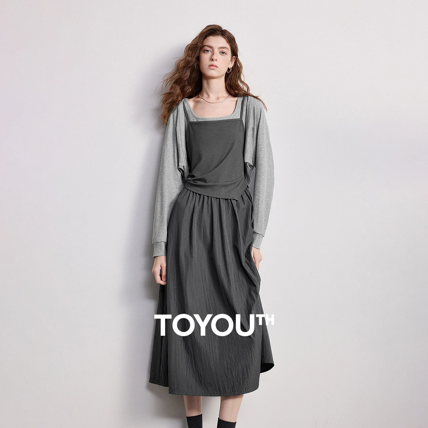 

TOYOUTH Women Suit 2026 Spring New Antibacterial Drape Fake Two-piece Contrasting Spliced Vest Skirt Jacket Two-piece Set
