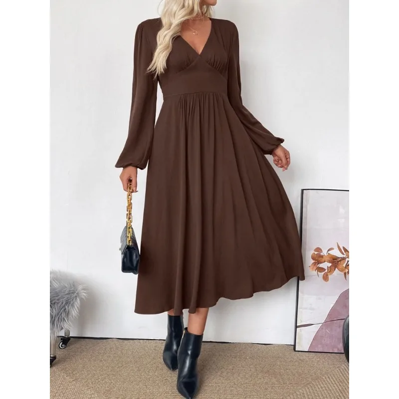 Herfst Franse Commuter Rok Effen Kleur V-hals Bruine Jurk Met Lange Mouwen