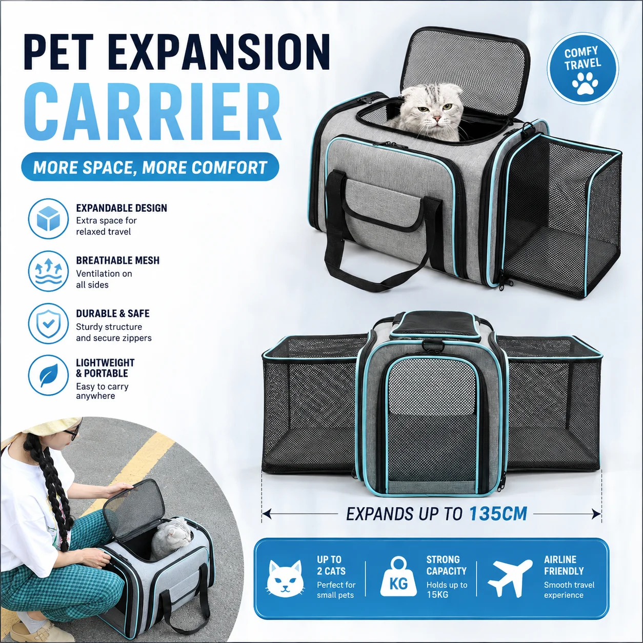 Stylish Breathable Pet Carrier with Double Side Expandable Design, Portable Hand Crossbody Shoulder Travel Bag for Cats & Dogs