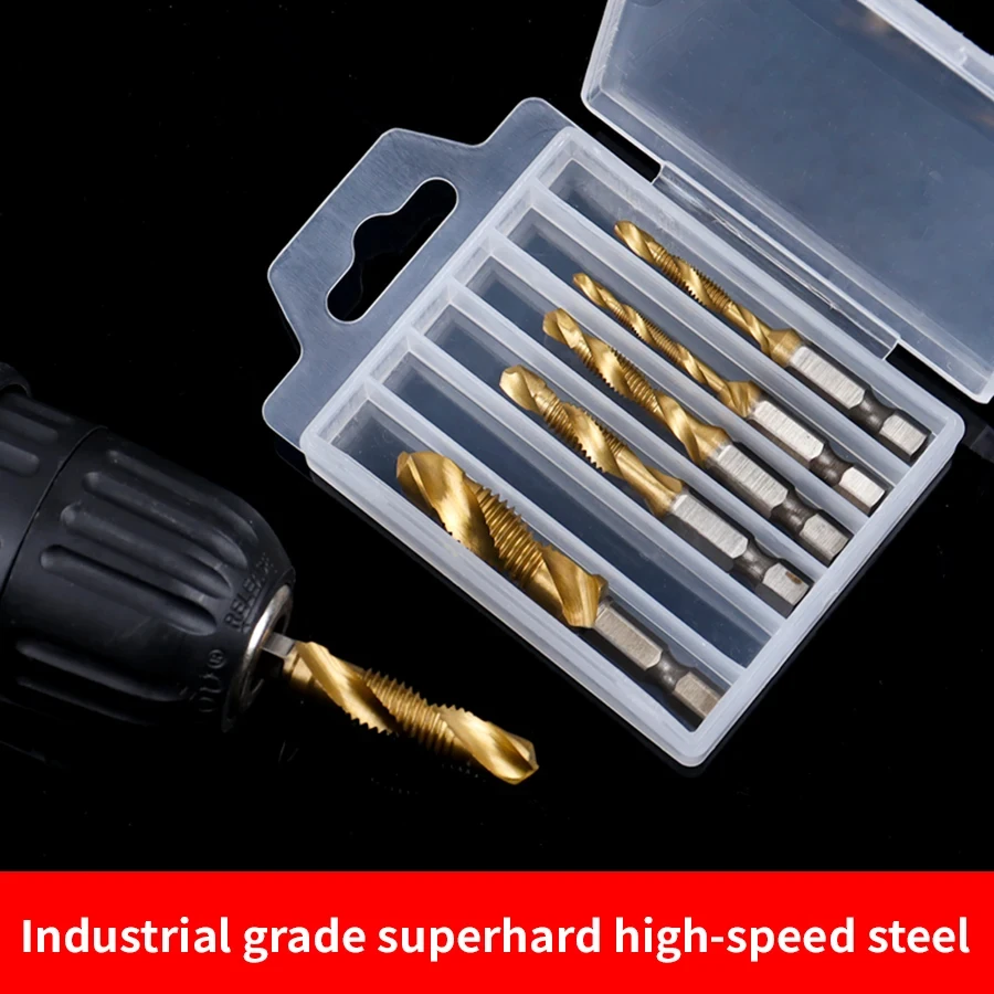 6PCS Drill and Tap Combo Machine Tap Set Titanium Coated Hex Shank Composite Tap for Thread Opening Electric Drill Bit Tap Set