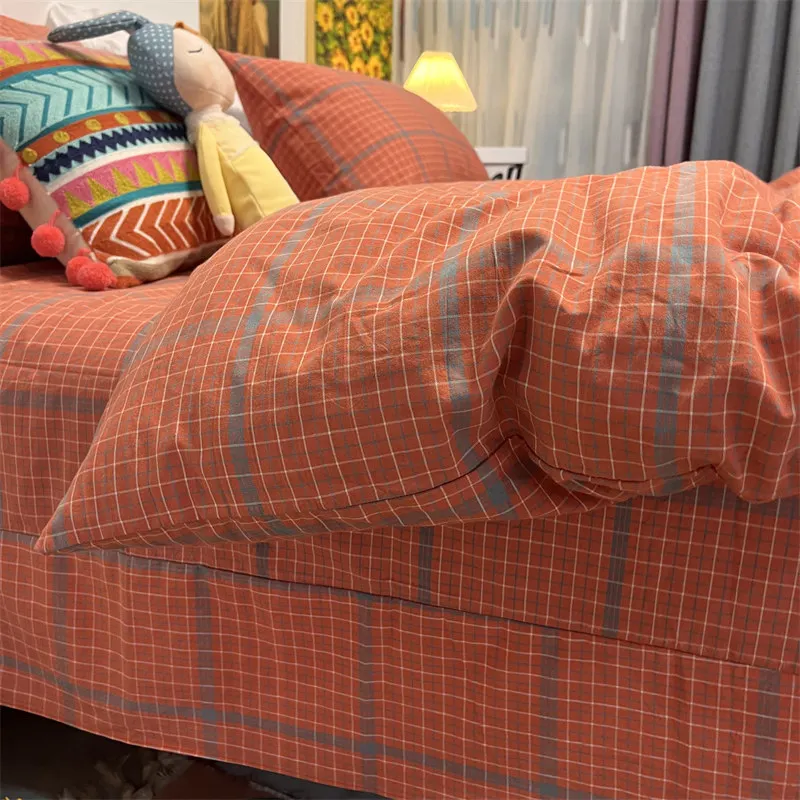 Orange Grid All Cotton 100% Pure Cotton Color Woven Washed Cotton Four Piece Set Nordic Minimalist Bedroom Duvet Cover