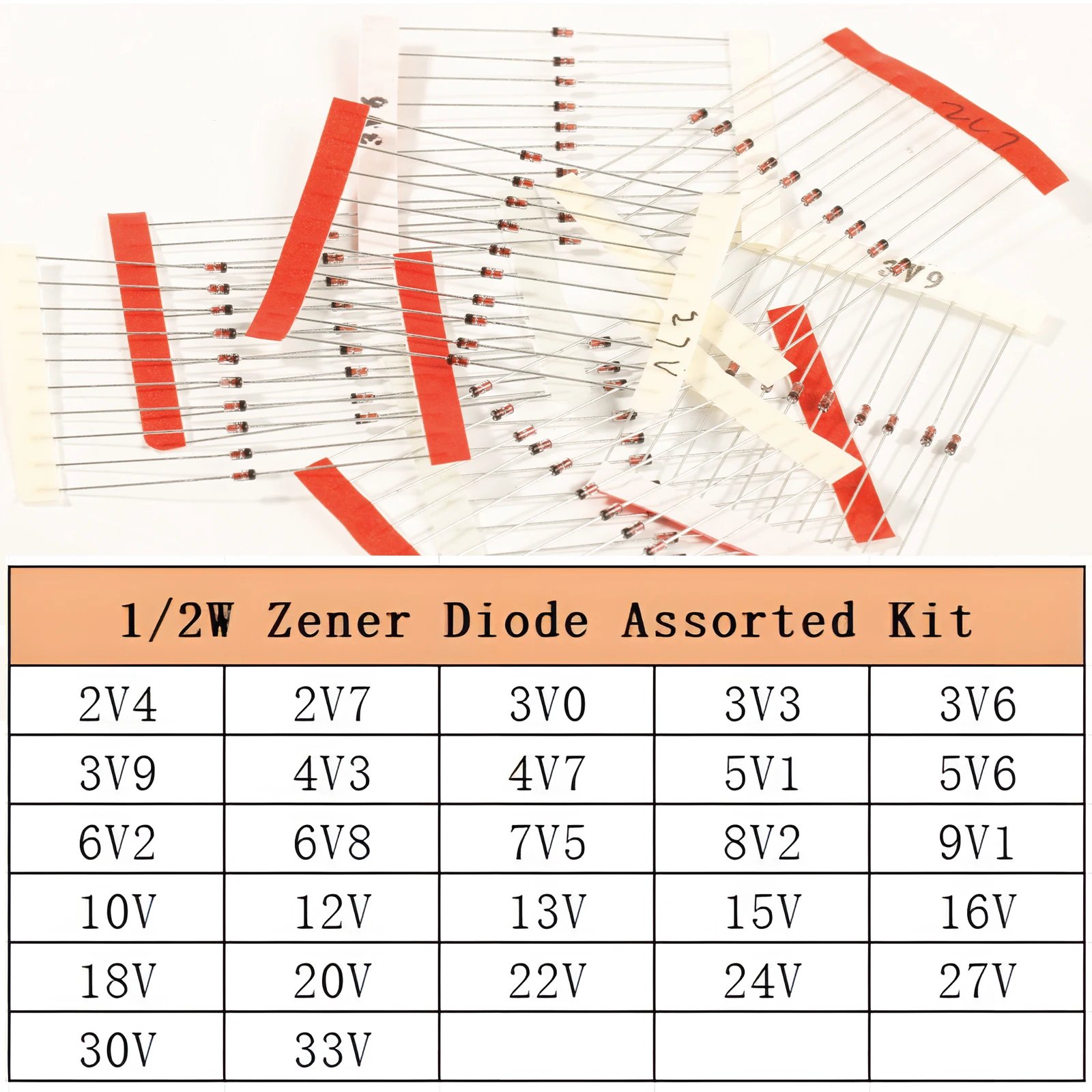 270pcs 0.5w Zener Diode Assorted Kit 1/2w 27 Values 2v4 3v0 4v3 5v1 6v2 7v5 8v2 9v1 10v 11v 12v 13v 15v 16v 18v 20v 22v 24v