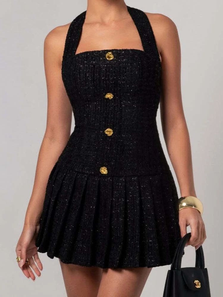Schwarzes kurzes Kleid mit Halsband, goldene Knöpfe, ärmellose Faltenkleider, weiße Partykleider mit quadratischem Ausschnitt, Frühlings- und Sommerkleidung für Damen