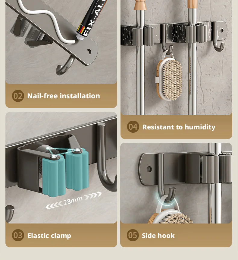 Edelstahl Wandmontierter Mopphalter Organizer mit Haken Bohrfreie Badezimmer-Besen-Aufbewahrungsklammer Robuste Halterung – Detail 4