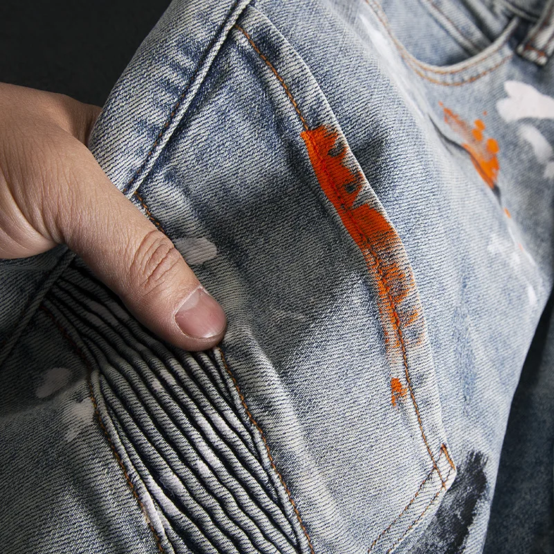 2025 New Graffiti Splash Ink Splicing Jeans for Men, Slim Fit, Small Feet, Elastic, Nostalgic, Heavy Weight Denim Pants