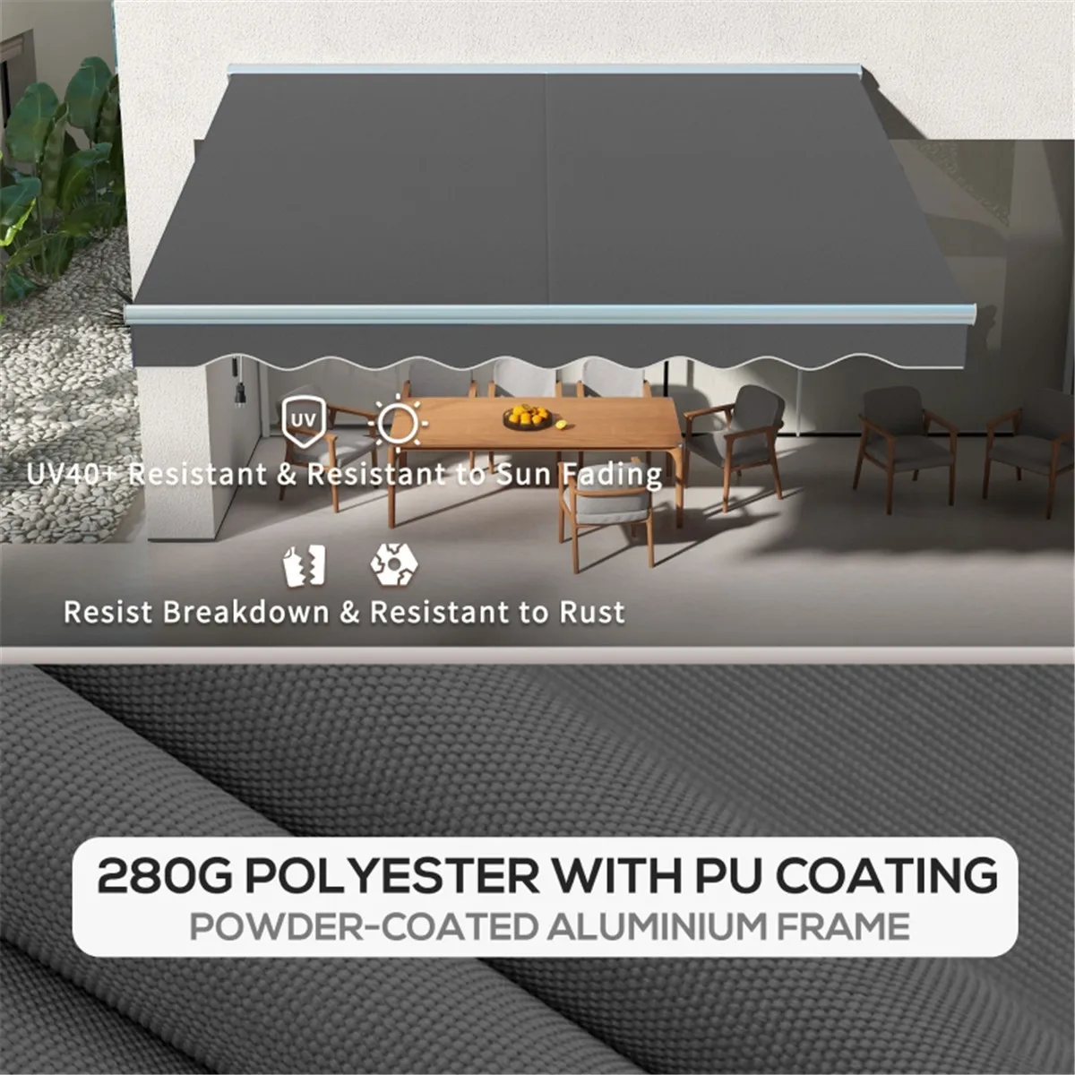 

Electric Awning /Patio Retractable Awning,remote control,handle,LED strips,with concrete walls,hardwood walls,or brickwork walls