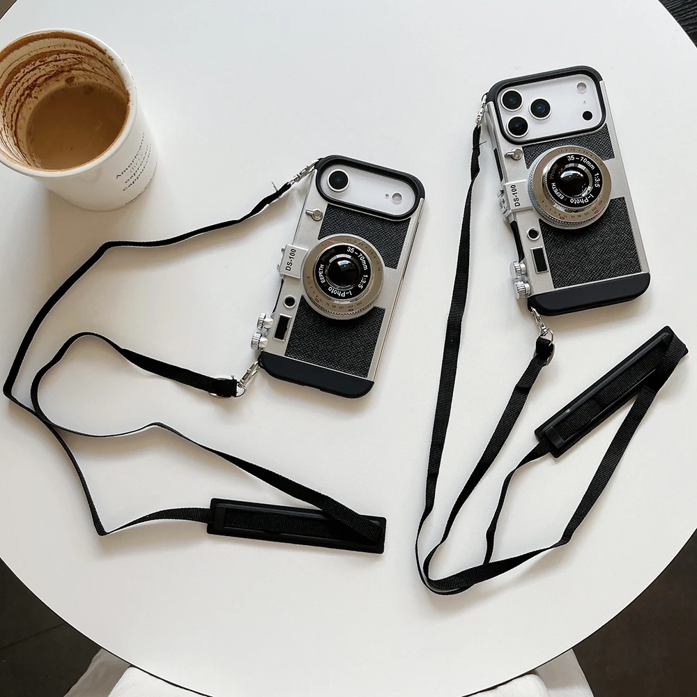 Camera Pattern Crossbody Lanyard Rope Phone Case For iPhone 18 17 16 15 14 13 12 11 Pro Max Soft Shockproof Silicone Cover Girls
