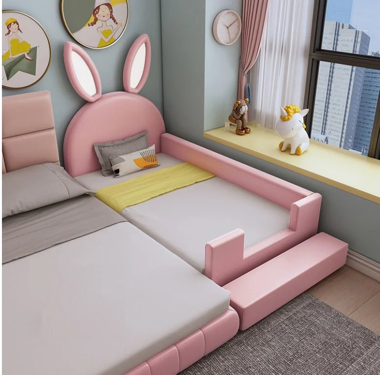 Solid Wood Children's Bed Stitching Bed Widened Single Bed  with Guardrail