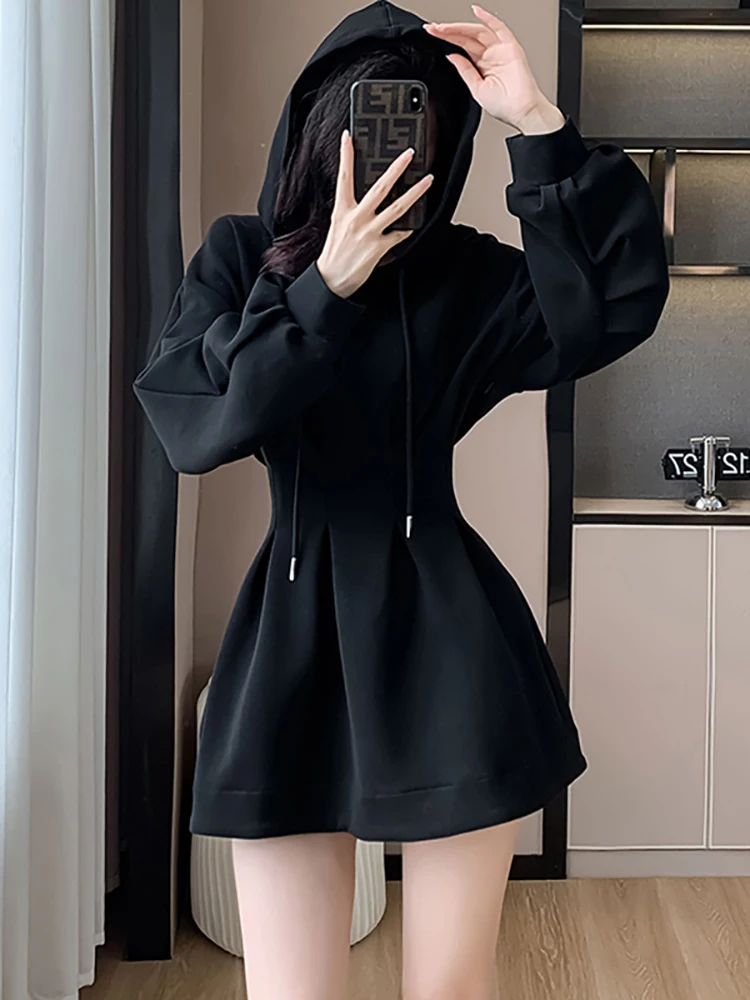 Black Long Sleeve Chic Hooded Short Dress Women Autumn Winter Elegant Bodycon Casual Dress 2024 Korean Vintage Hepburn Vestidos