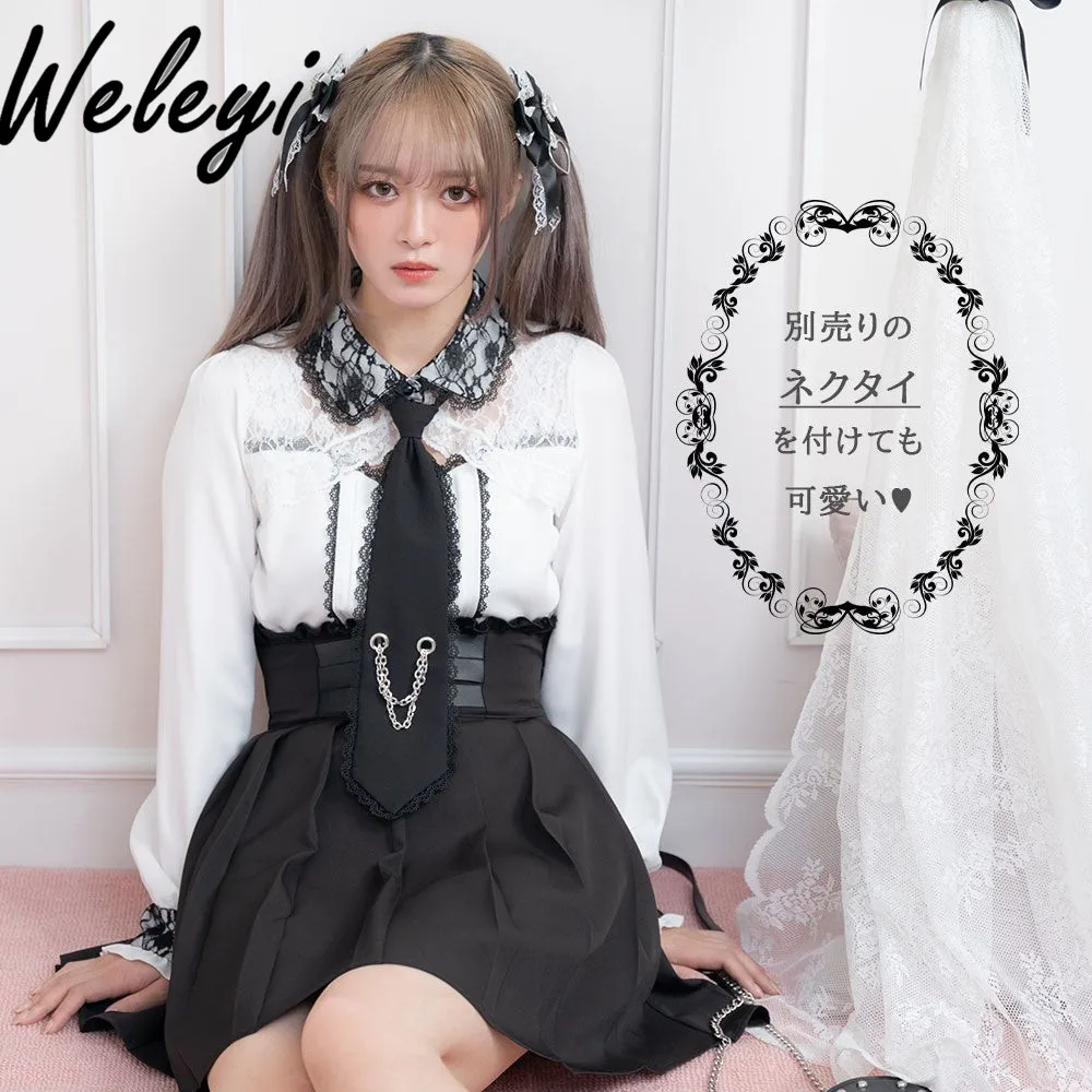 

Kawaii Lolita Women Cute Shirt Japanese Spring Autumn Sweet Ribbon Bow Blouse Lace Hollow Out Tied Lapel Koszule I Bluzki Top