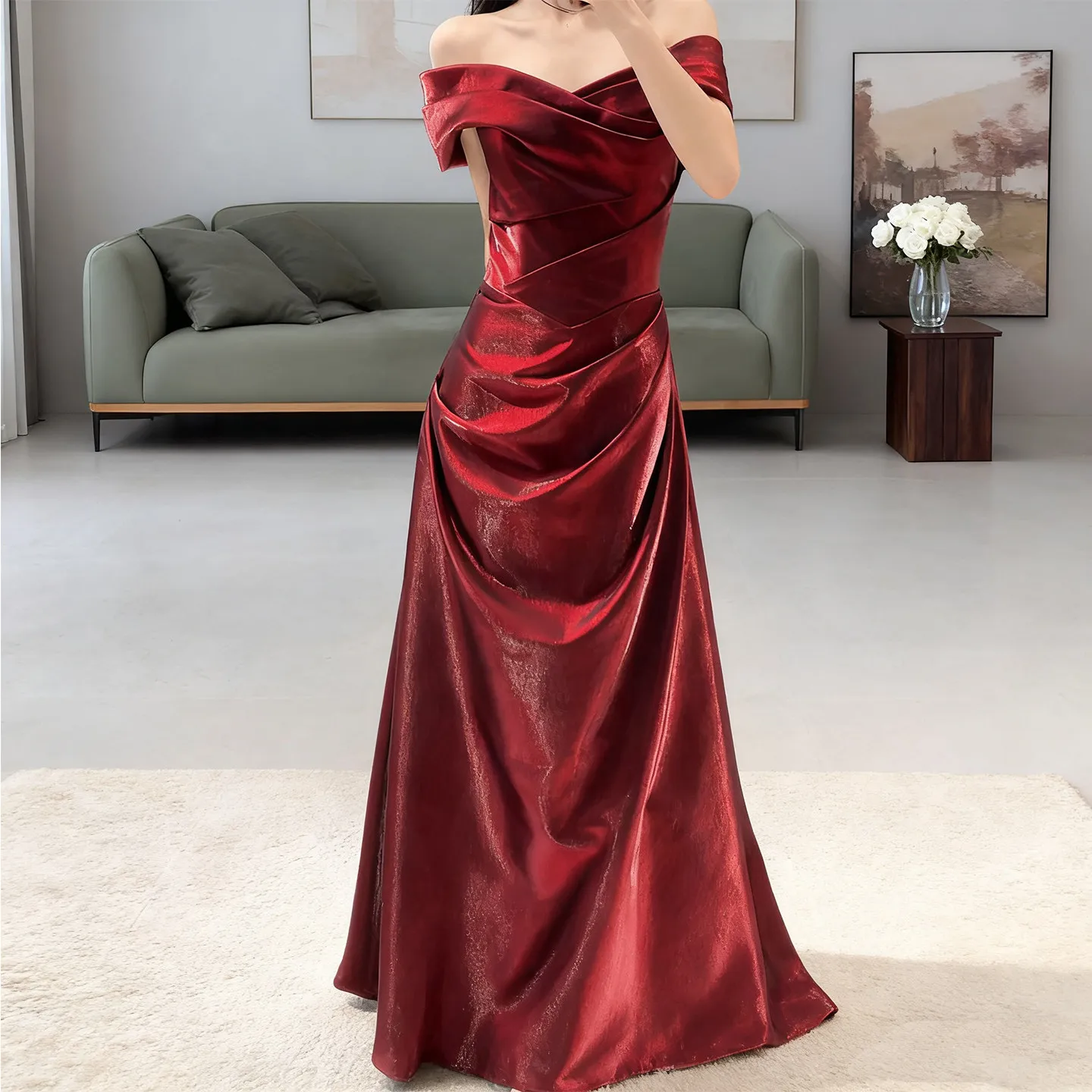 Burgundy Evening Dresses Strapless Pleats Satin Long Prom Dress Lace-up Back Shining Satin Party Dress L&P DQL Studio