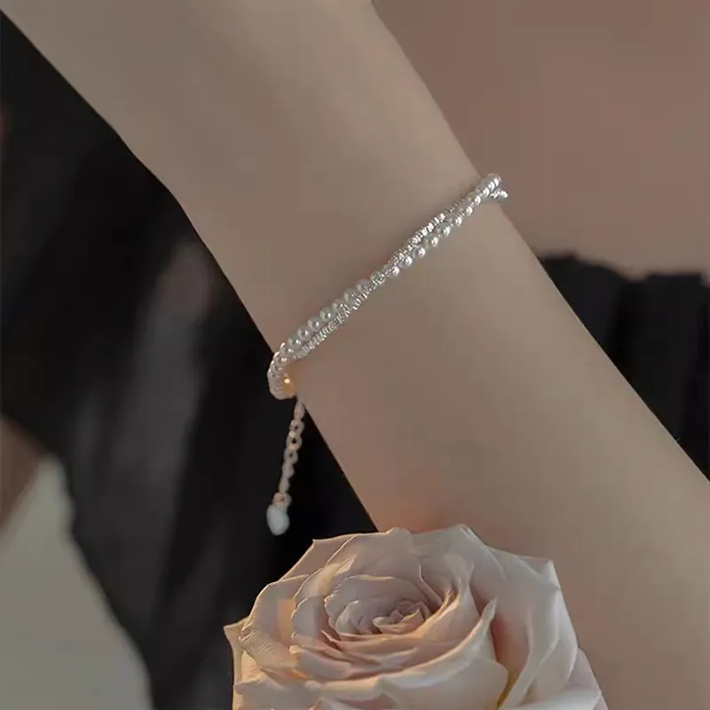 Pulseira com pérolas de prata esterlina 925 para mulheres, moda coreana, contas versáteis de dupla camada, joias luxuosas para festa e casamento