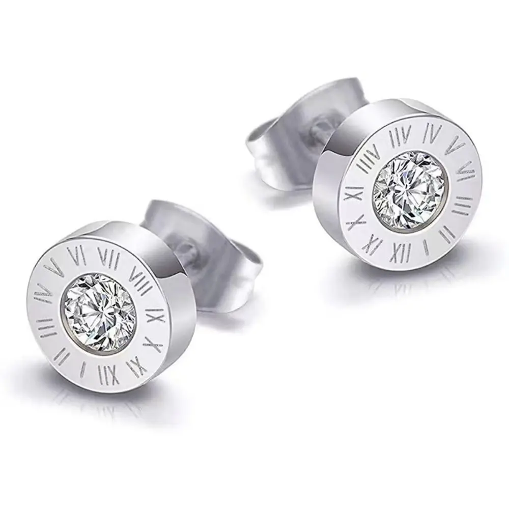 Micro Inlay Rhinestone Roman Numerals Stud Earring Earrings Hip Hop Men Zircon Earrings Luxury Sense Stainless Steel
