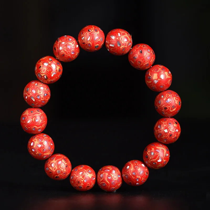 Chinese Lacquer Red Gold Mother of Pearl Bracelet Rhinoceros Skin Pattern Trendy Mala For Men Women Handicraft Beads