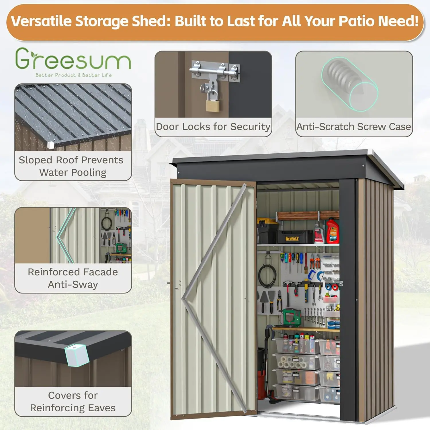 سقيفة تخزين معدنية للفناء بطول 5 × 3 أقدام مع أبواب قابلة للقفل، وتخزين خارجي للدراجة في الفناء الخلفي وحمام السباحة والحديقة باللون البني