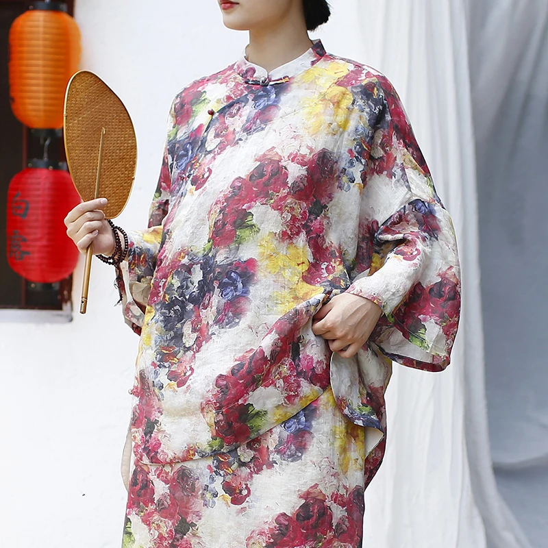 

Chinese Style Women Casual Shirt New Arrival 2025 Summer Vintage Floral Print Loose Comfortable Female Linen Tops Shirts M1784