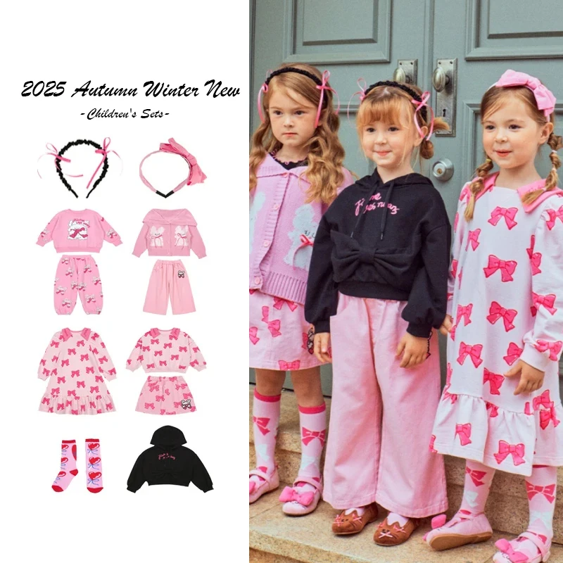 

2025 Autumn Dress Girls' Clothing Pink Bow Rabbit Princess Girls' Long Sleeved T-shirt Hoodie Sweatshirt Sweatpants Sport Set