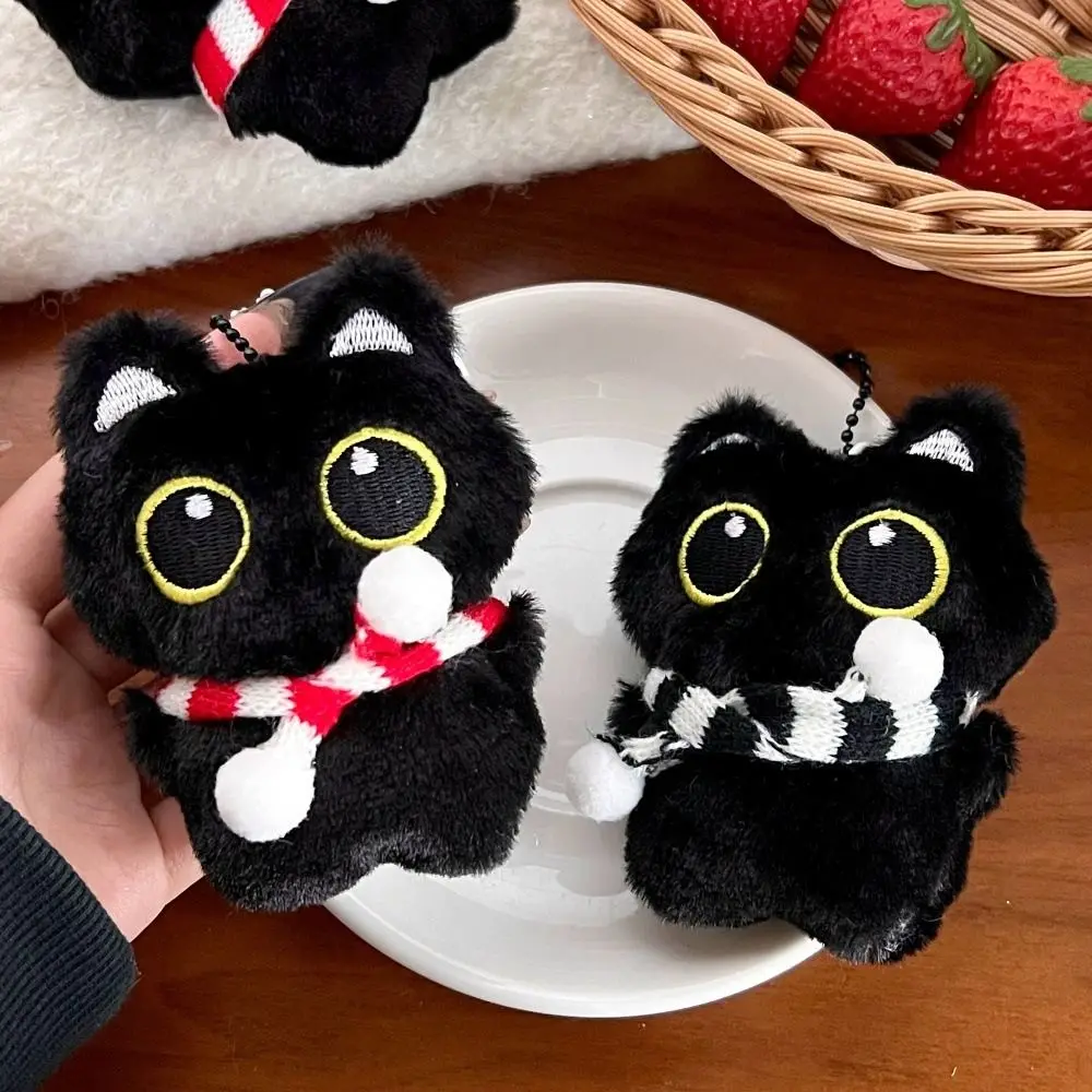 Lovely Soft Squeak Scarf Black Cat Pendant Chirping Cartoon Squeeze Plush Keychain Toys Keyring Plush Stuffed Toys Unisex