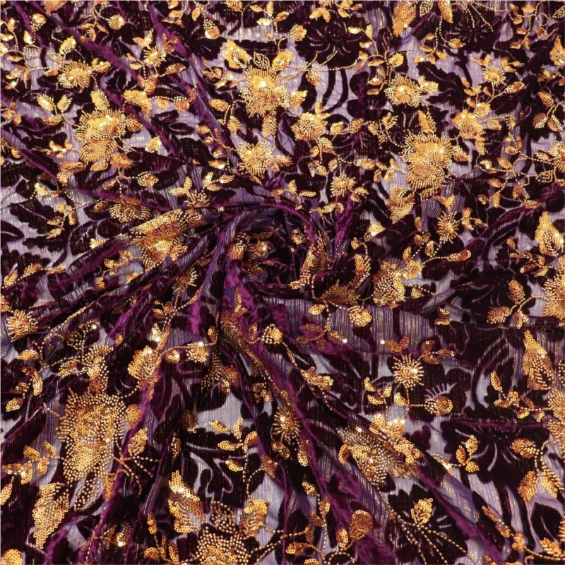 tessuto tridimensionale con perline di fiori ricamati con linee dorate, tessuto con paillettes per abiti da sposa, abiti da sera e donne