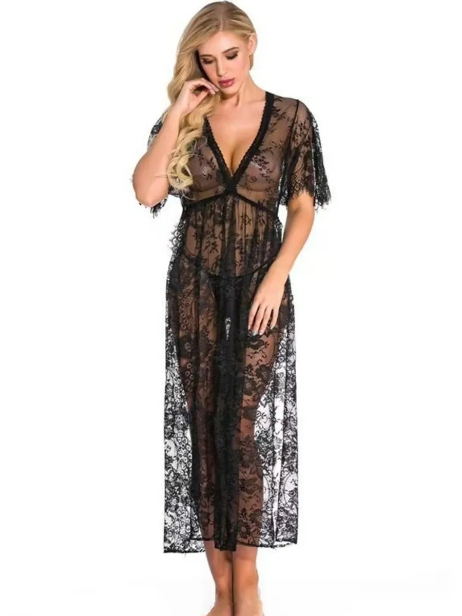 Conjunto de roupas de renda cama paixão longo feminino plus size sexy camisola erótica pequeno peito transparente cor sólida vestido elegante 8qhb